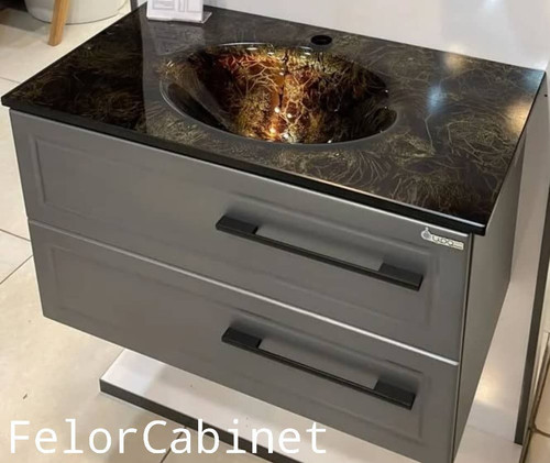 کابینت روشویی پی وی سی مدل 1061 با صفحه روشویی شیشهای مشکی طلایی